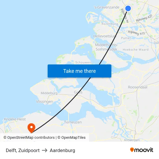 Delft, Zuidpoort to Aardenburg map