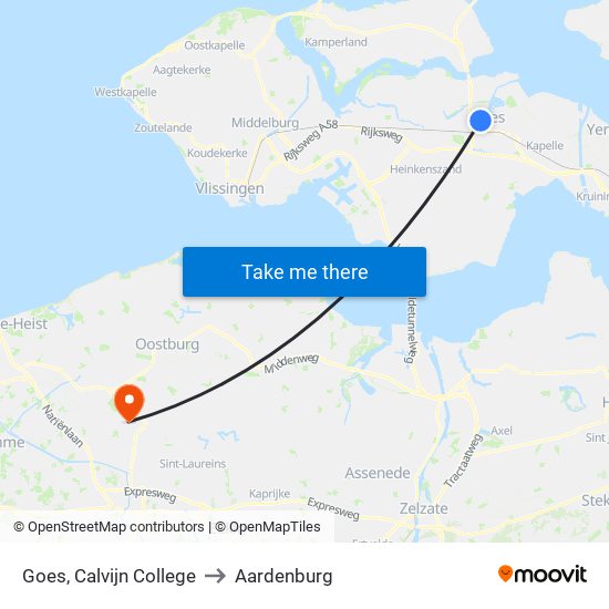 Goes, Calvijn College to Aardenburg map