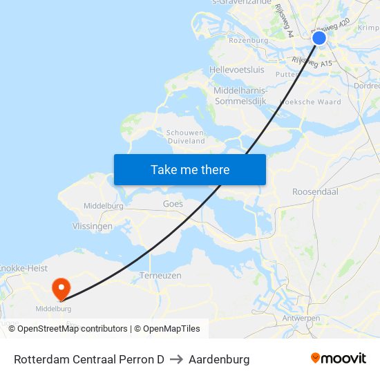 Rotterdam Centraal Perron D to Aardenburg map