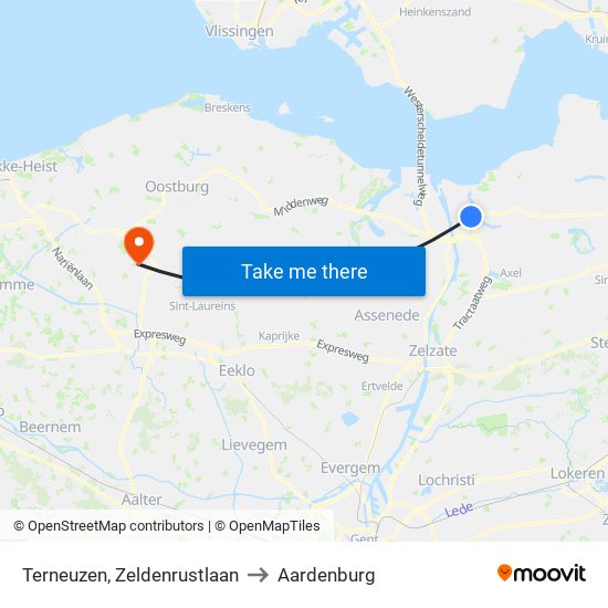 Terneuzen, Zeldenrustlaan to Aardenburg map