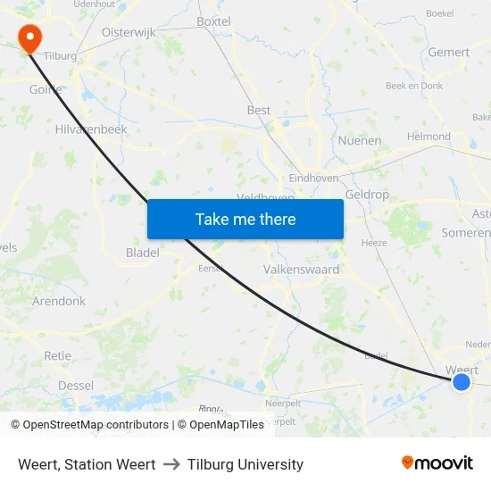 Weert, Station Weert to Tilburg University map