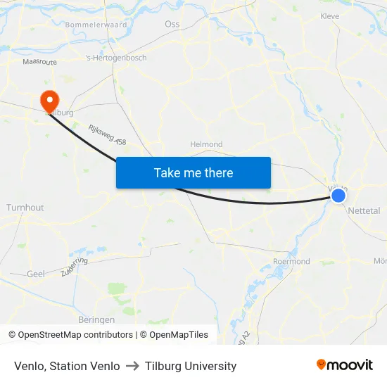 Venlo, Station Venlo to Tilburg University map