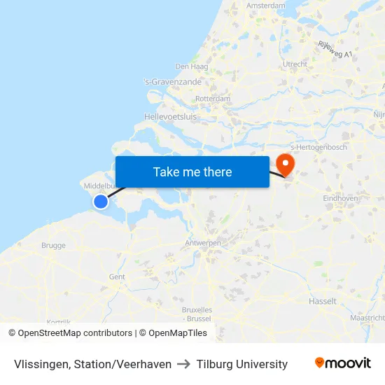 Vlissingen, Station/Veerhaven to Tilburg University map