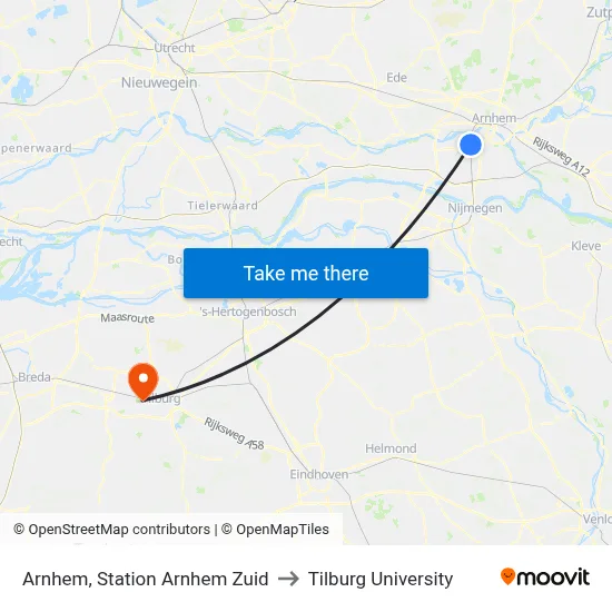 Arnhem, Station Arnhem Zuid to Tilburg University map