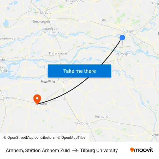 Arnhem, Station Arnhem Zuid to Tilburg University map
