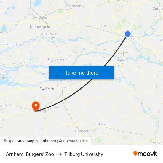 Arnhem, Burgers' Zoo to Tilburg University map