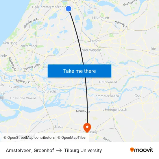 Amstelveen, Groenhof to Tilburg University map