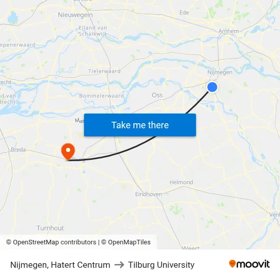 Nijmegen, Hatert Centrum to Tilburg University map