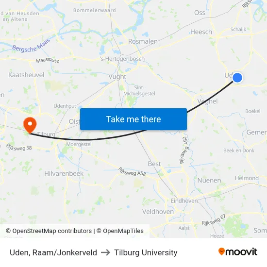 Uden, Raam/Jonkerveld to Tilburg University map