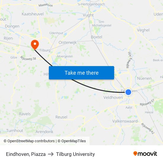 Eindhoven, Piazza to Tilburg University map