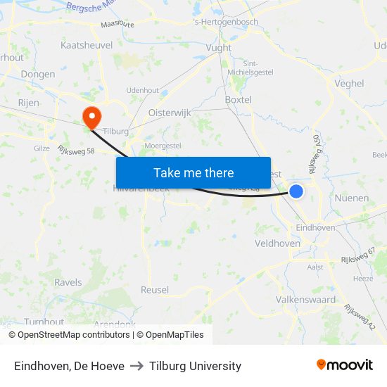 Eindhoven, De Hoeve to Tilburg University map