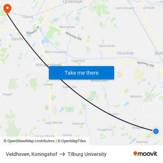 Veldhoven, Koningshof to Tilburg University map