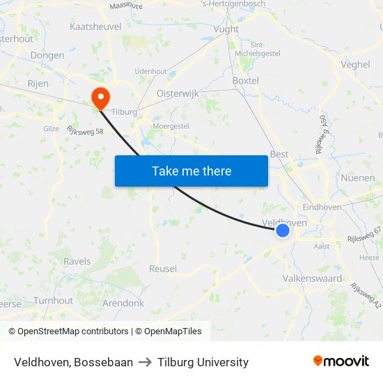 Veldhoven, Bossebaan to Tilburg University map