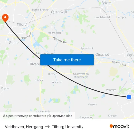 Veldhoven, Hertgang to Tilburg University map