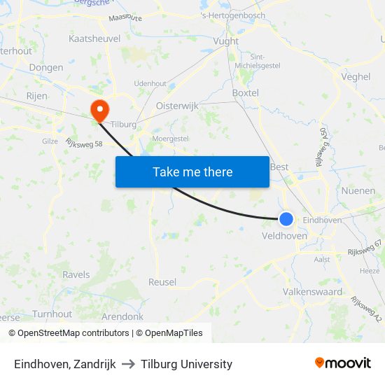 Eindhoven, Zandrijk to Tilburg University map