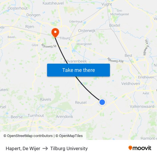 Hapert, De Wijer to Tilburg University map