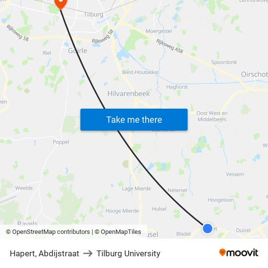 Hapert, Abdijstraat to Tilburg University map