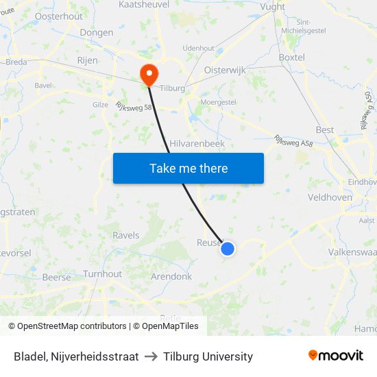 Bladel, Nijverheidsstraat to Tilburg University map