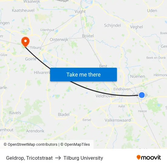 Geldrop, Tricotstraat to Tilburg University map