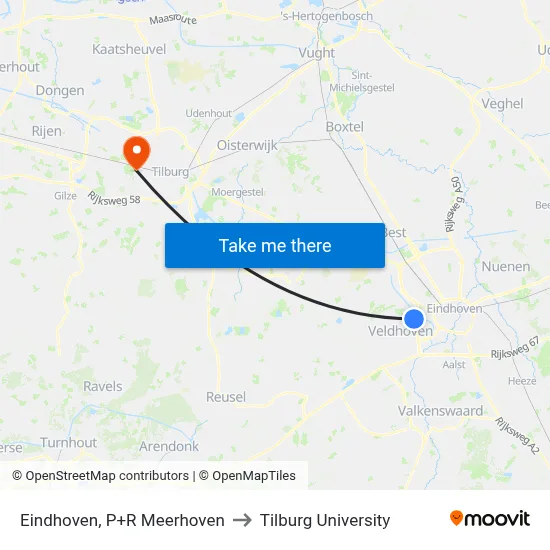 Eindhoven, P+R Meerhoven to Tilburg University map