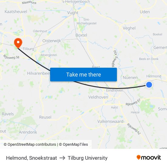 Helmond, Snoekstraat to Tilburg University map