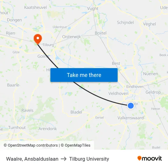 Waalre, Ansbalduslaan to Tilburg University map