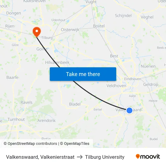 Valkenswaard, Valkenierstraat to Tilburg University map