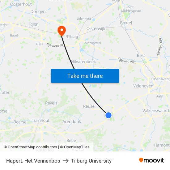 Hapert, Het Vennenbos to Tilburg University map