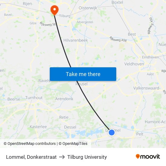 Lommel, Donkerstraat to Tilburg University map