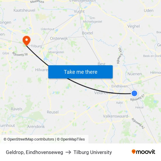 Geldrop, Eindhovenseweg to Tilburg University map