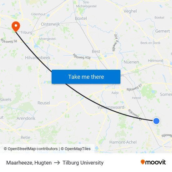 Maarheeze, Hugten to Tilburg University map