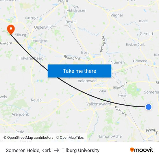 Someren Heide, Kerk to Tilburg University map