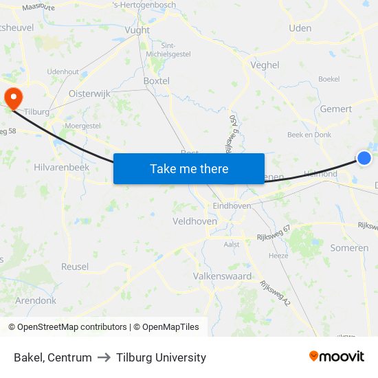 Bakel, Centrum to Tilburg University map