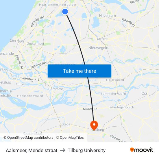 Aalsmeer, Mendelstraat to Tilburg University map
