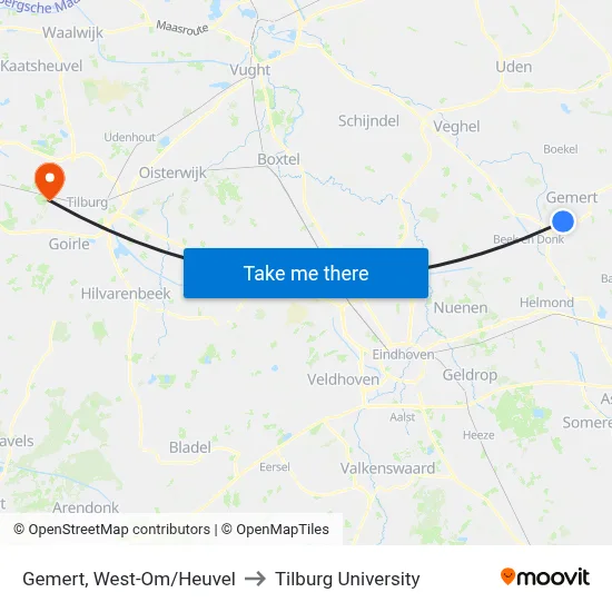 Gemert, West-Om/Heuvel to Tilburg University map