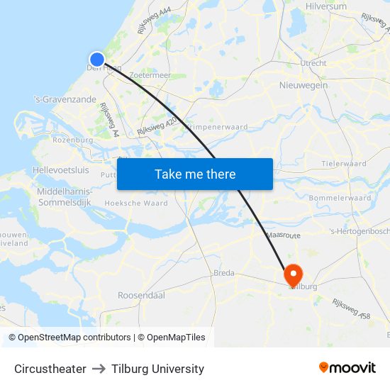 Circustheater to Tilburg University map