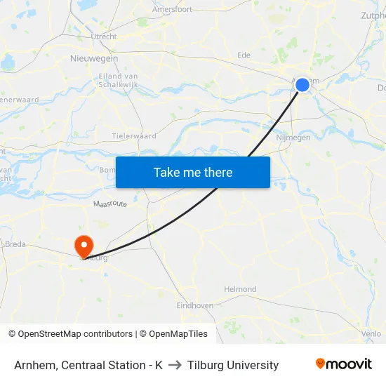 Arnhem, Centraal Station - K to Tilburg University map