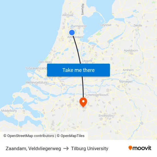 Zaandam, Veldvliegerweg to Tilburg University map