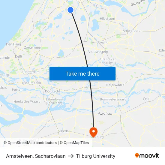 Amstelveen, Sacharovlaan to Tilburg University map