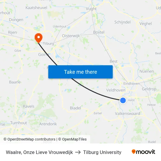 Waalre, Onze Lieve Vrouwedijk to Tilburg University map