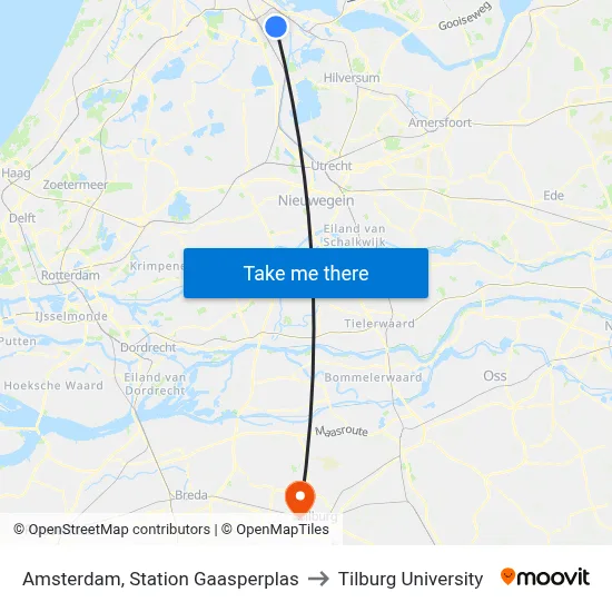 Amsterdam, Station Gaasperplas to Tilburg University map