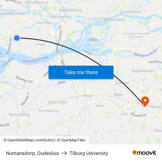 Numansdorp, Oudesluis to Tilburg University map