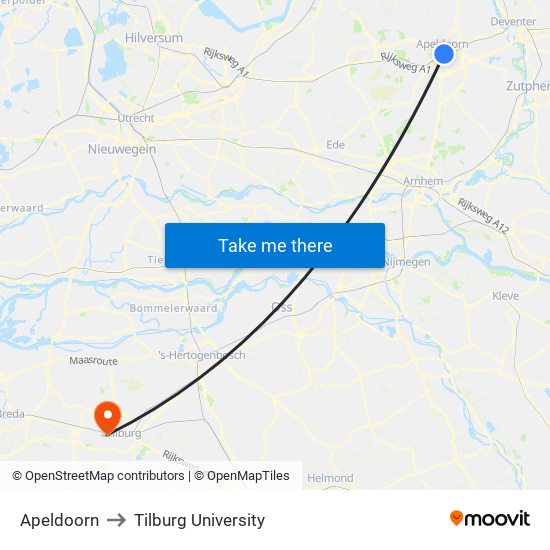Apeldoorn to Tilburg University map