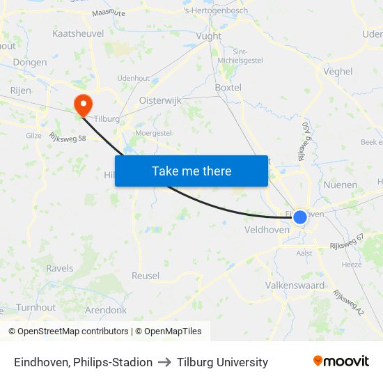 Eindhoven, Philips-Stadion to Tilburg University map