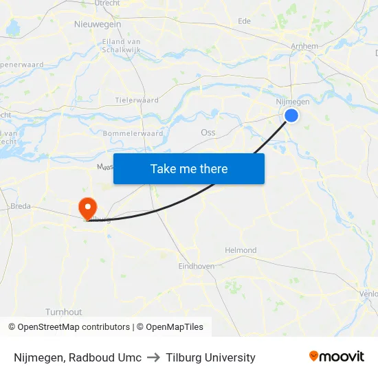 Nijmegen, Radboud Umc to Tilburg University map