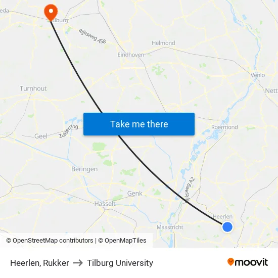 Heerlen, Rukker to Tilburg University map