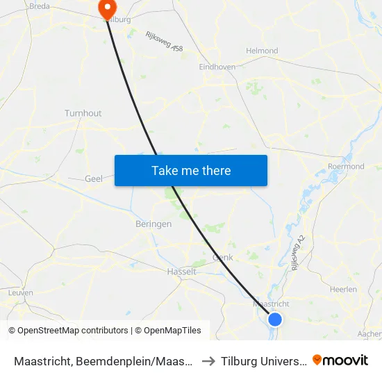 Maastricht, Beemdenplein/Maasveld to Tilburg University map