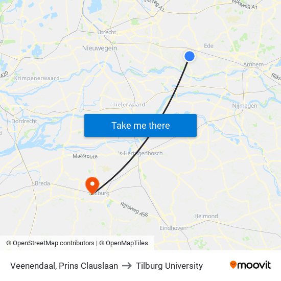 Veenendaal, Prins Clauslaan to Tilburg University map