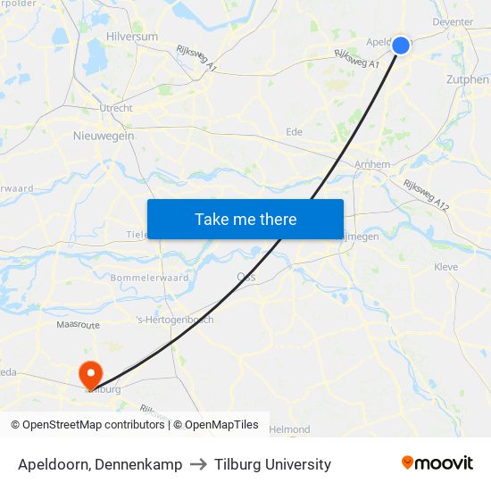 Apeldoorn, Dennenkamp to Tilburg University map