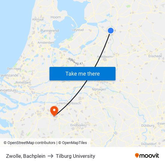 Zwolle, Bachplein to Tilburg University map